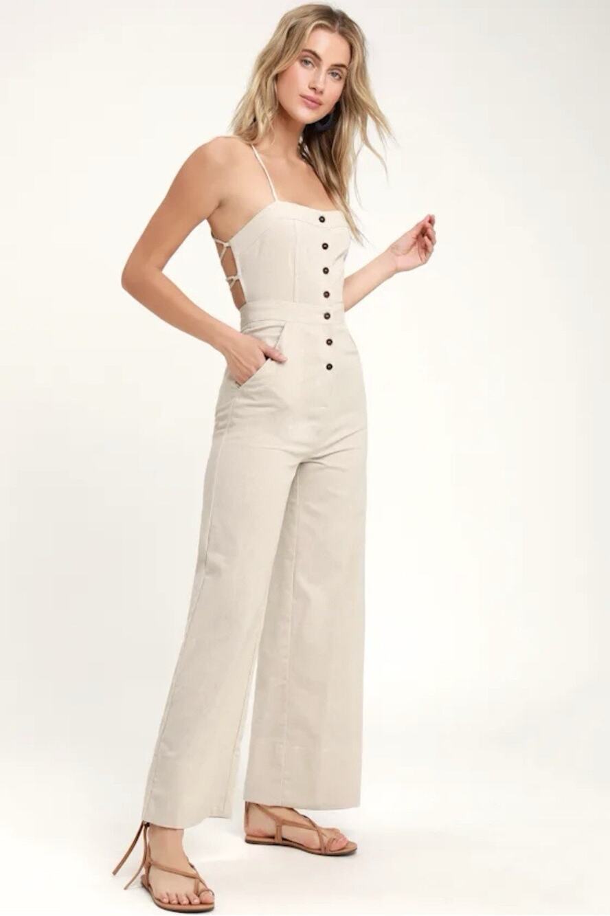 Lulus Beach Day Beige Backless Jumpsuit Cotton Linen Wide Leg M Boho Vacation